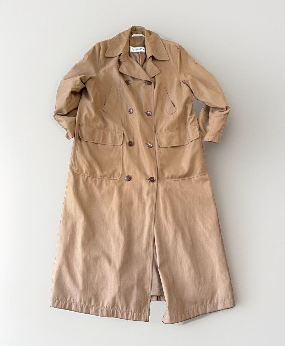 VTG Bernardo Trench Coat Womens 12 Tan Double Breasted Long Jacket Oversized